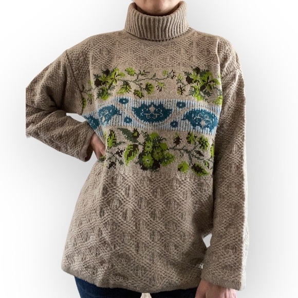 Oilily Italy Vintage Wool Alpaca Blend Sweater Turtleneck Floral Leaves Art Rare - Picture 3 of 12